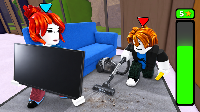 Official still: two avatars, vacuum, dusty carpet, and a green five-star progress bar
