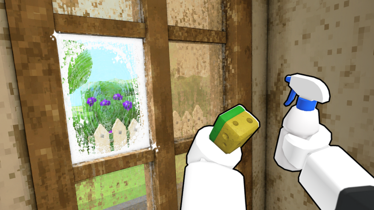 Official still: first-person sponge and spray bottle at a soapy window